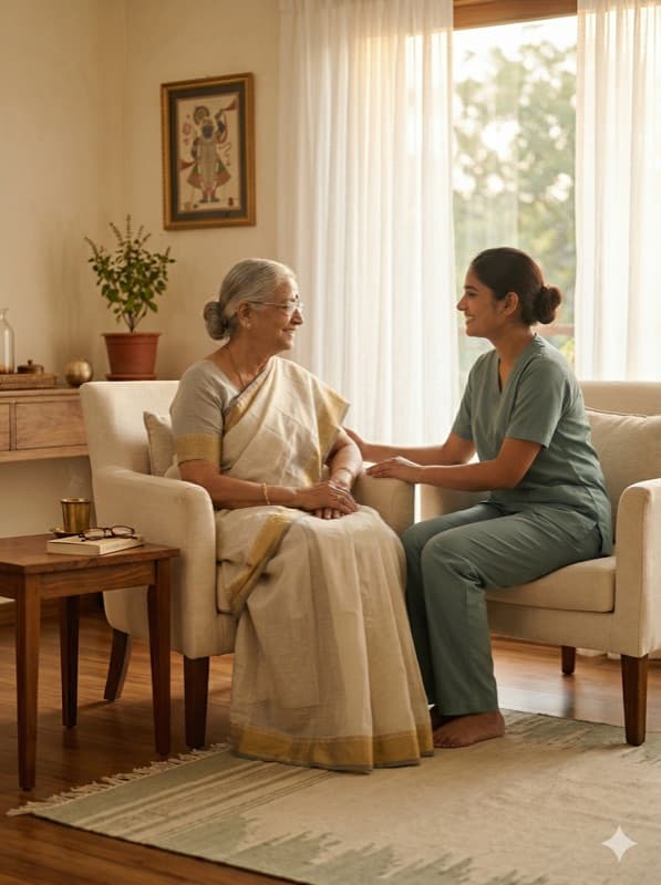 A young Indian nurse sitting with an elderly grandmother in a warm, sunlit living room