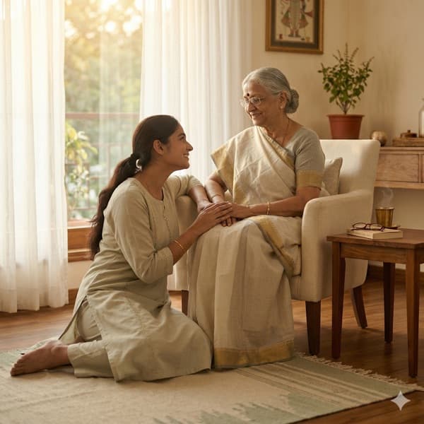 A young Indian woman sitting on the floor beside her grandmother, sharing a warm moment