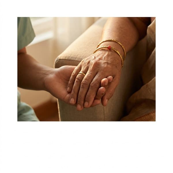 Close-up of a caregiver gently holding an elderly woman's hand